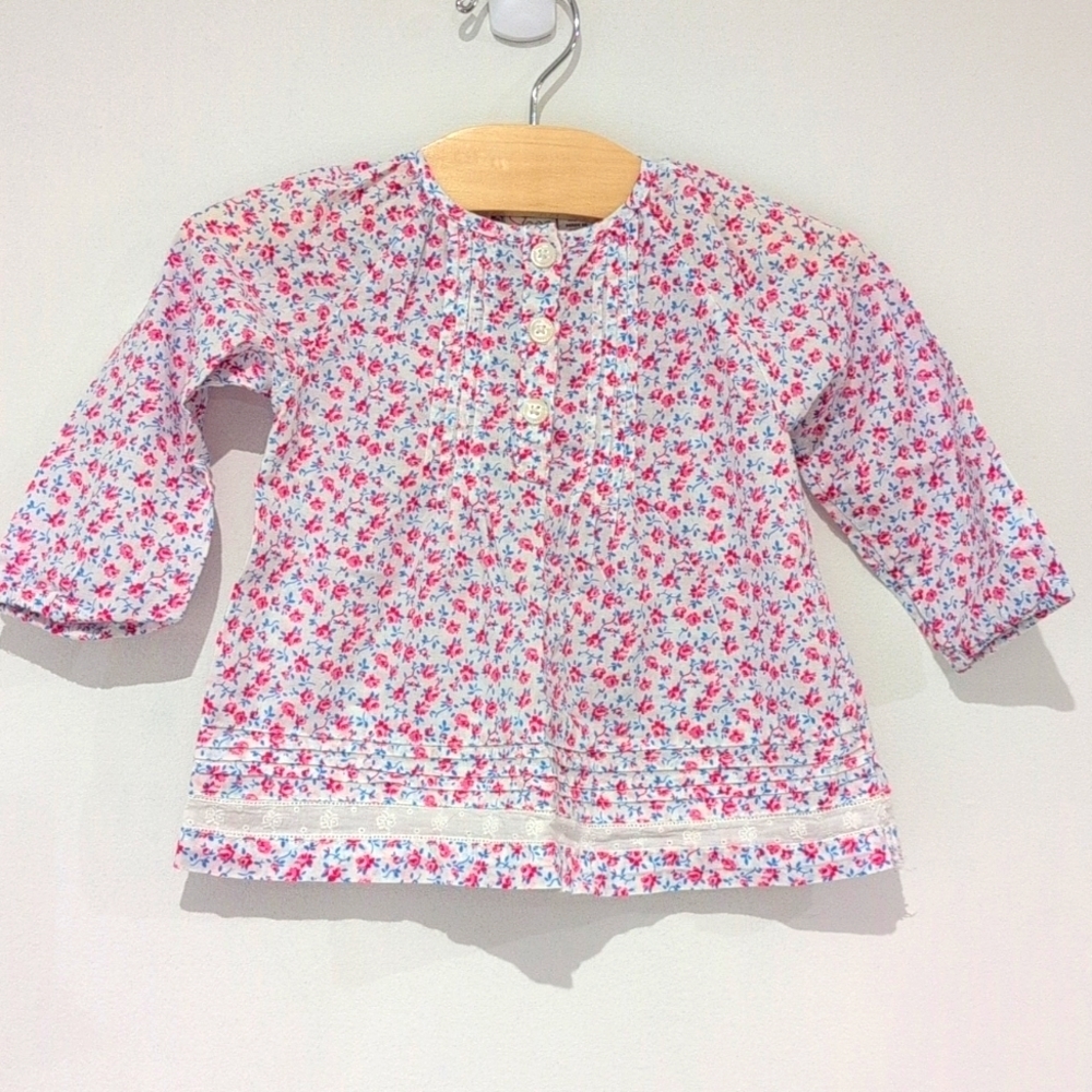 Adorable Boho white pink blue Floral baby 100% Cotton Blouse size 9-12M